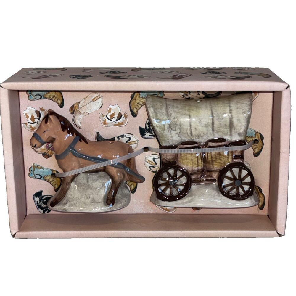 Blue Sky Clayworks Western Cowboy Horse Wagon Salt & Pepper Shakers NEW